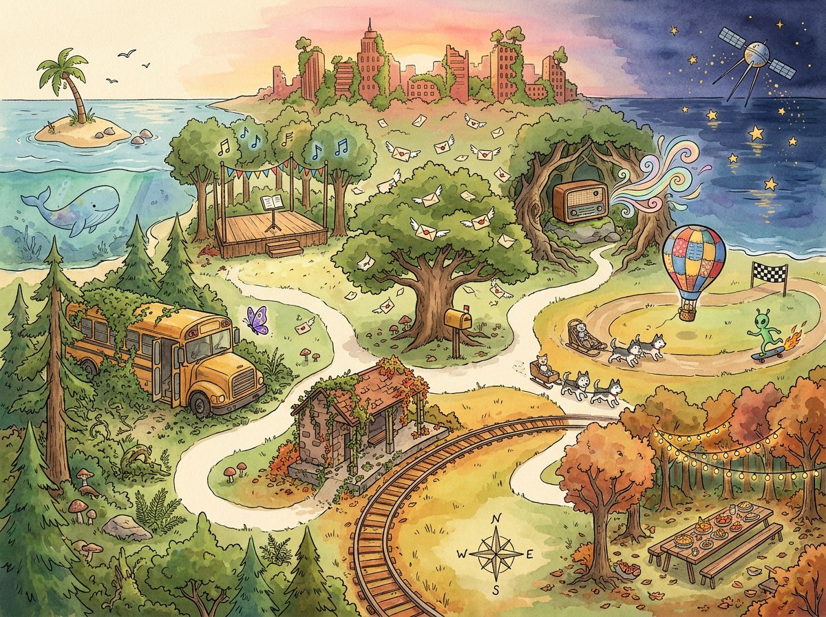 Mappa illustrata del Volume 2: il Bosco si allarga verso mare, treni e stelle.